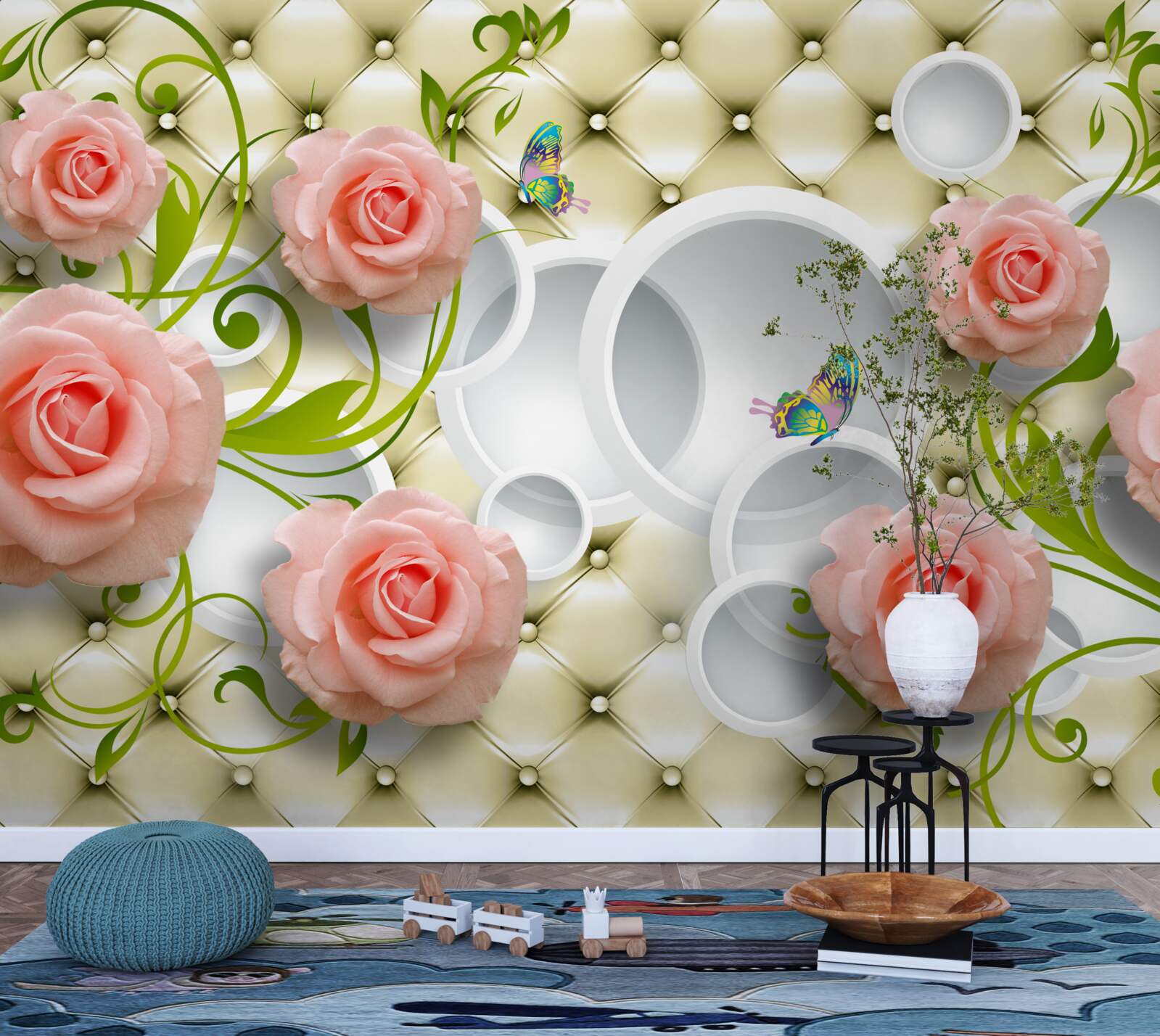 Papier peint roses roses tendres avec tiges vertes