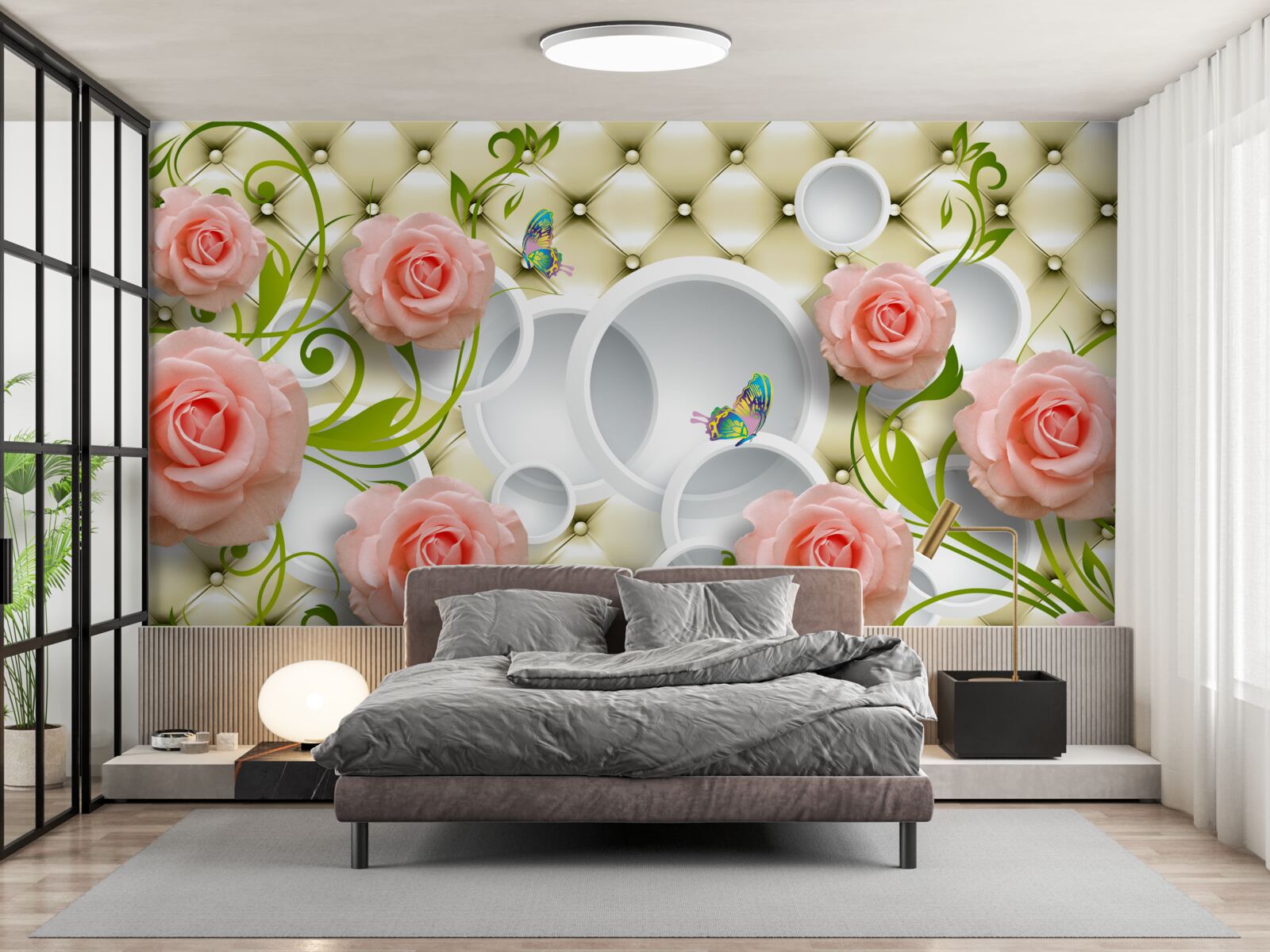 Papier peint roses roses tendres avec tiges vertes