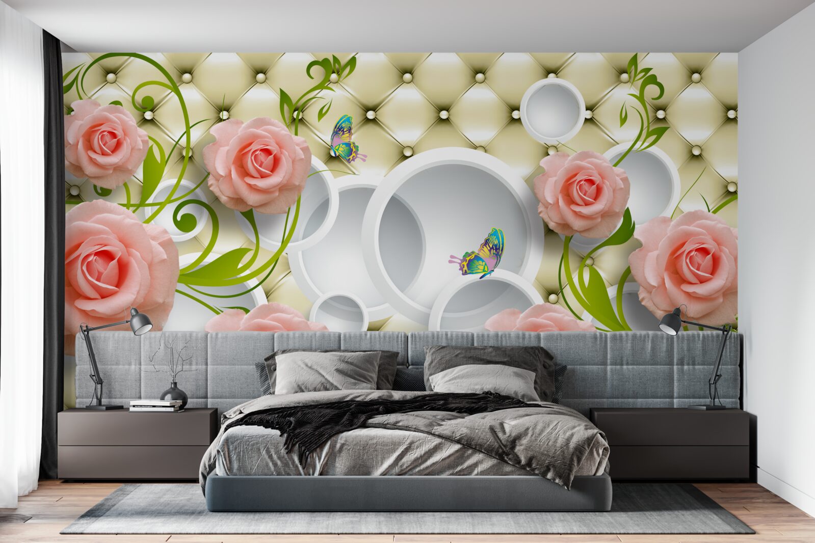 Papier peint roses roses tendres avec tiges vertes