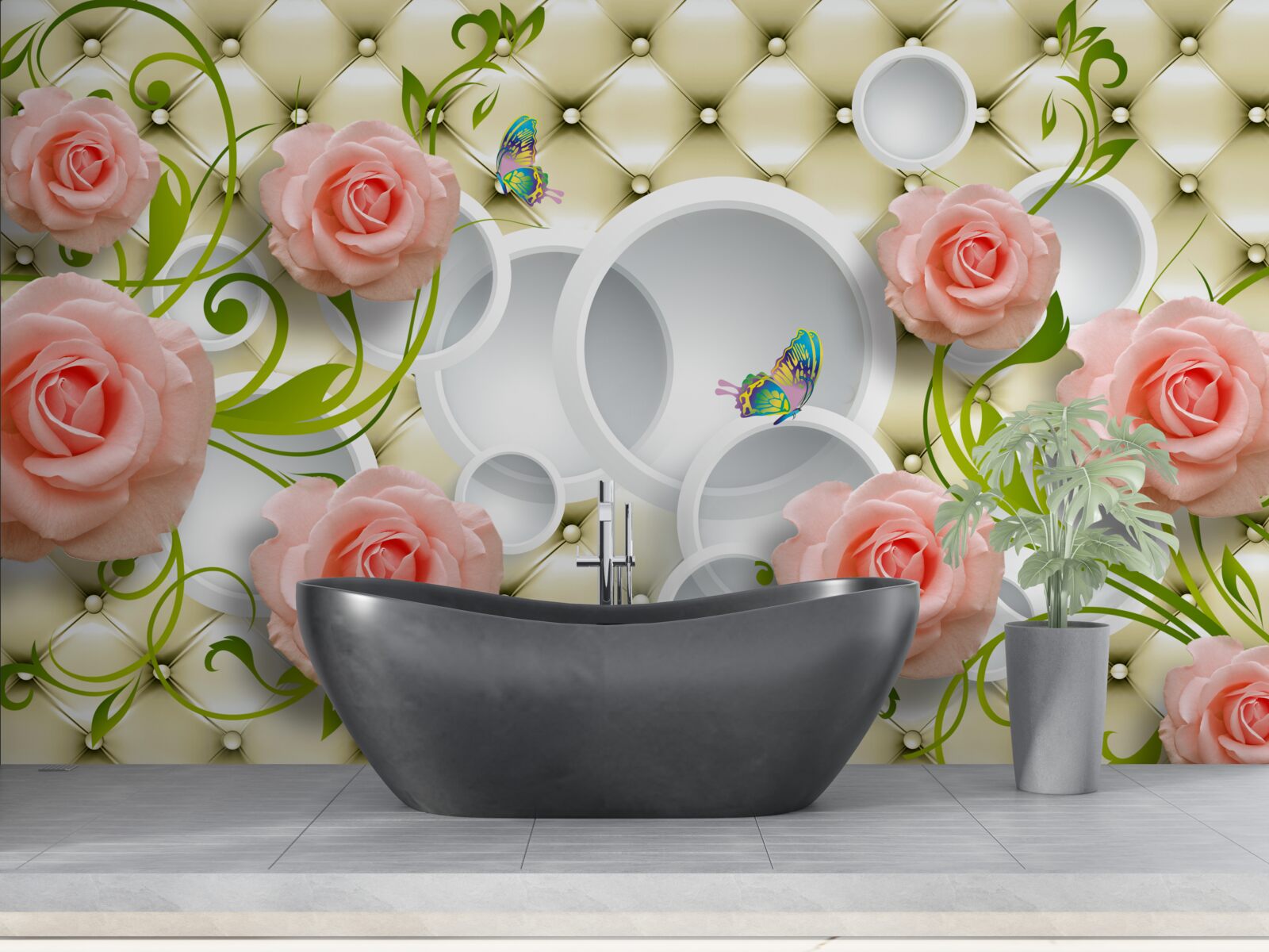 Papier peint roses roses tendres avec tiges vertes