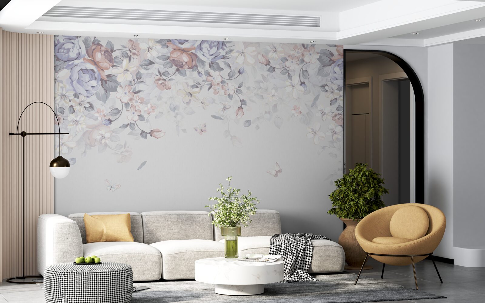 Papier peint le fond blanc est décoré de fleurs douces