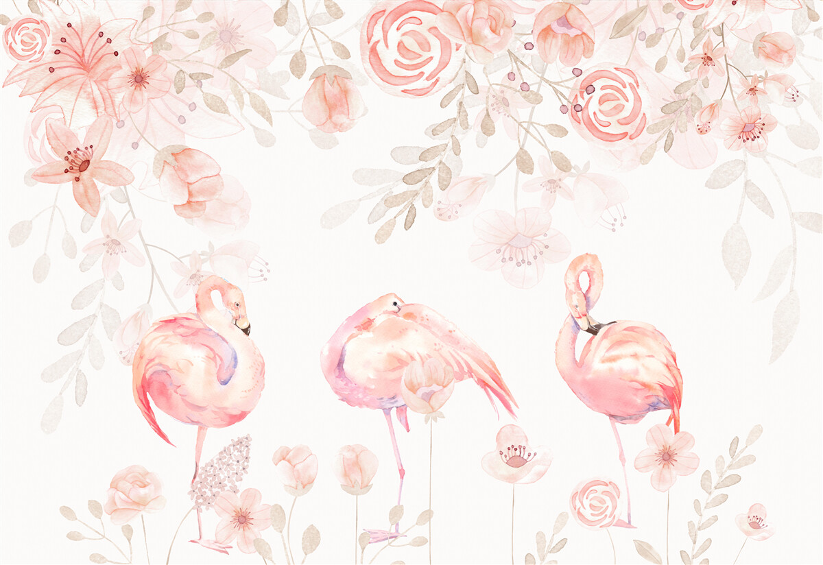 Papier peint flamants roses et bourgeons