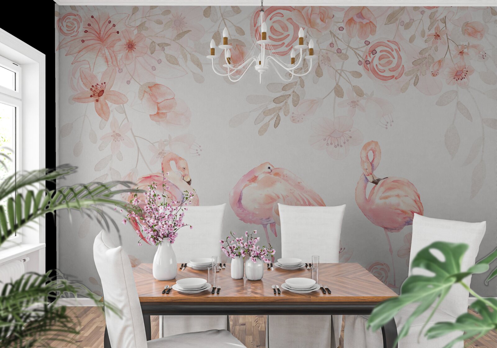 Papier peint flamants roses et bourgeons