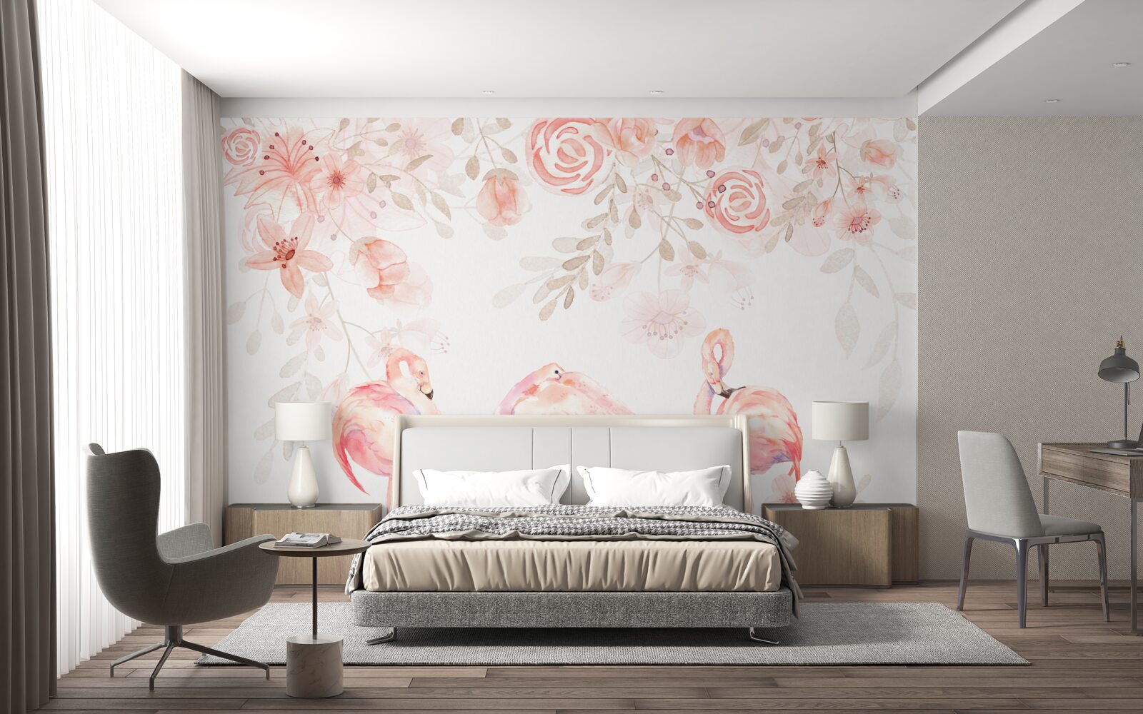 Papier peint flamants roses et bourgeons