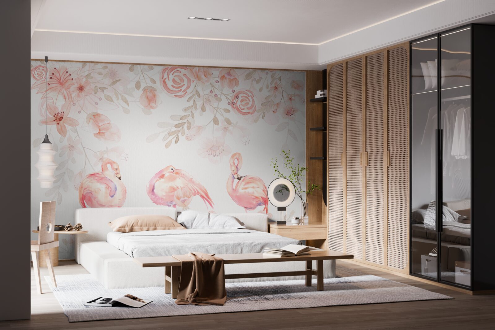 Papier peint flamants roses et bourgeons