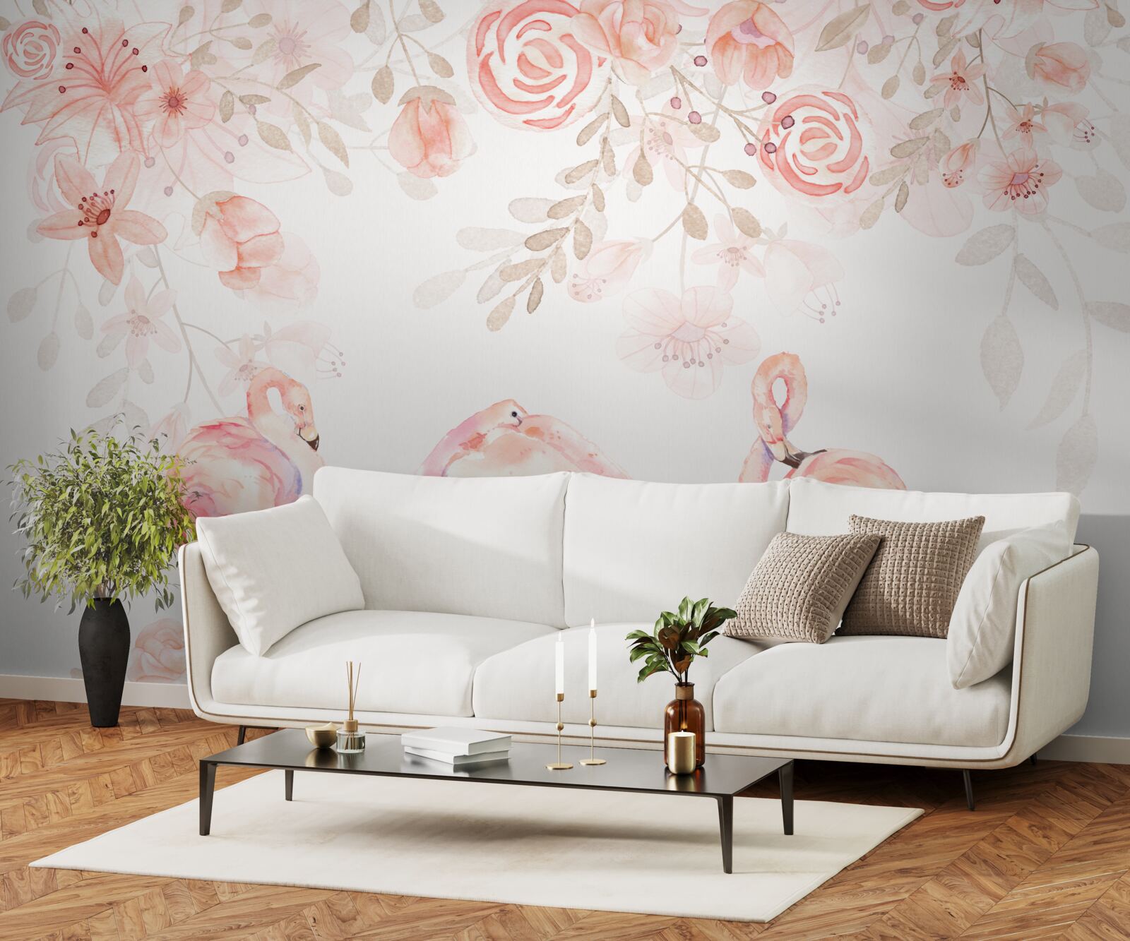 Papier peint flamants roses et bourgeons