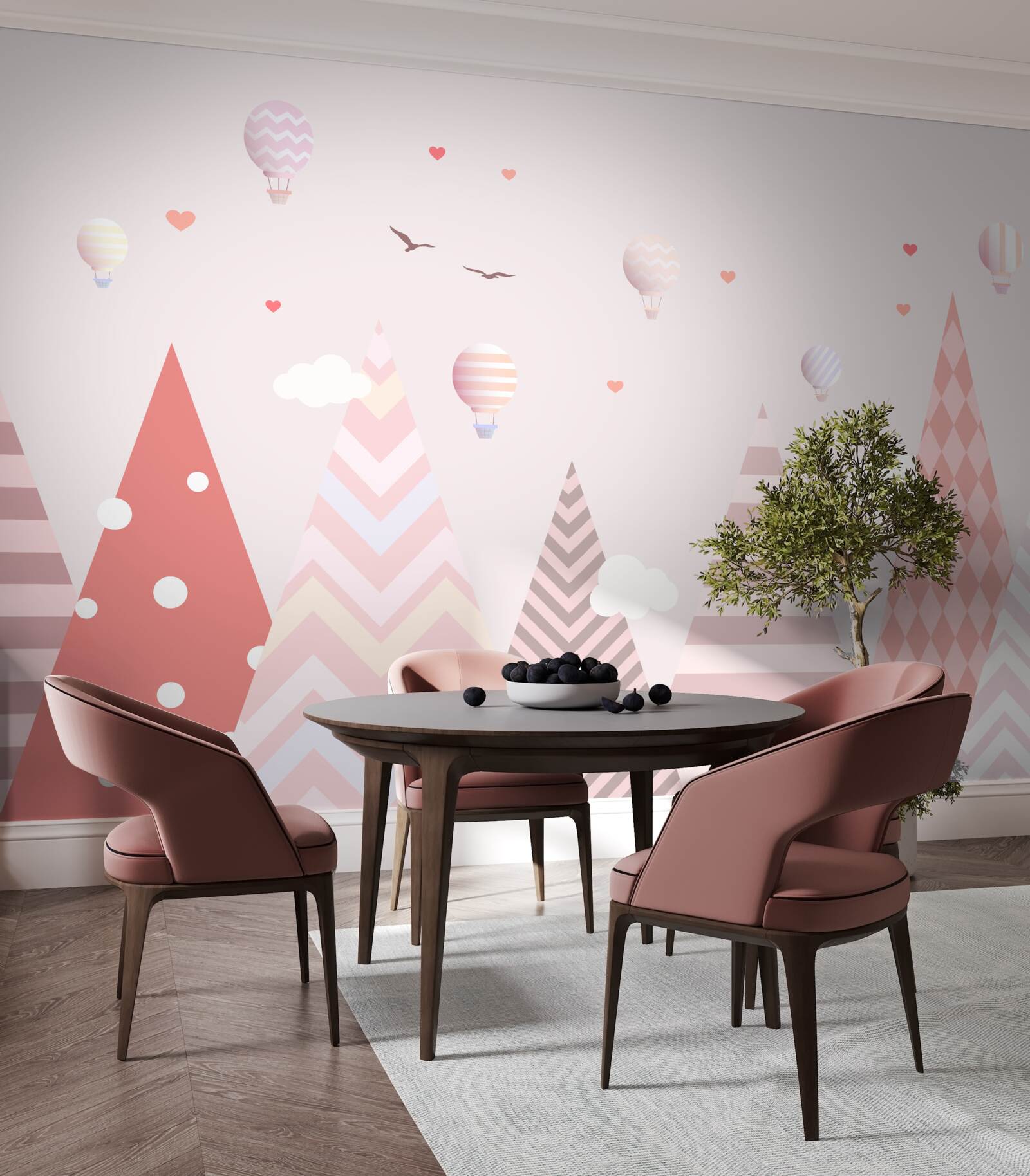 Papier peint montagnes roses décorées de ballons