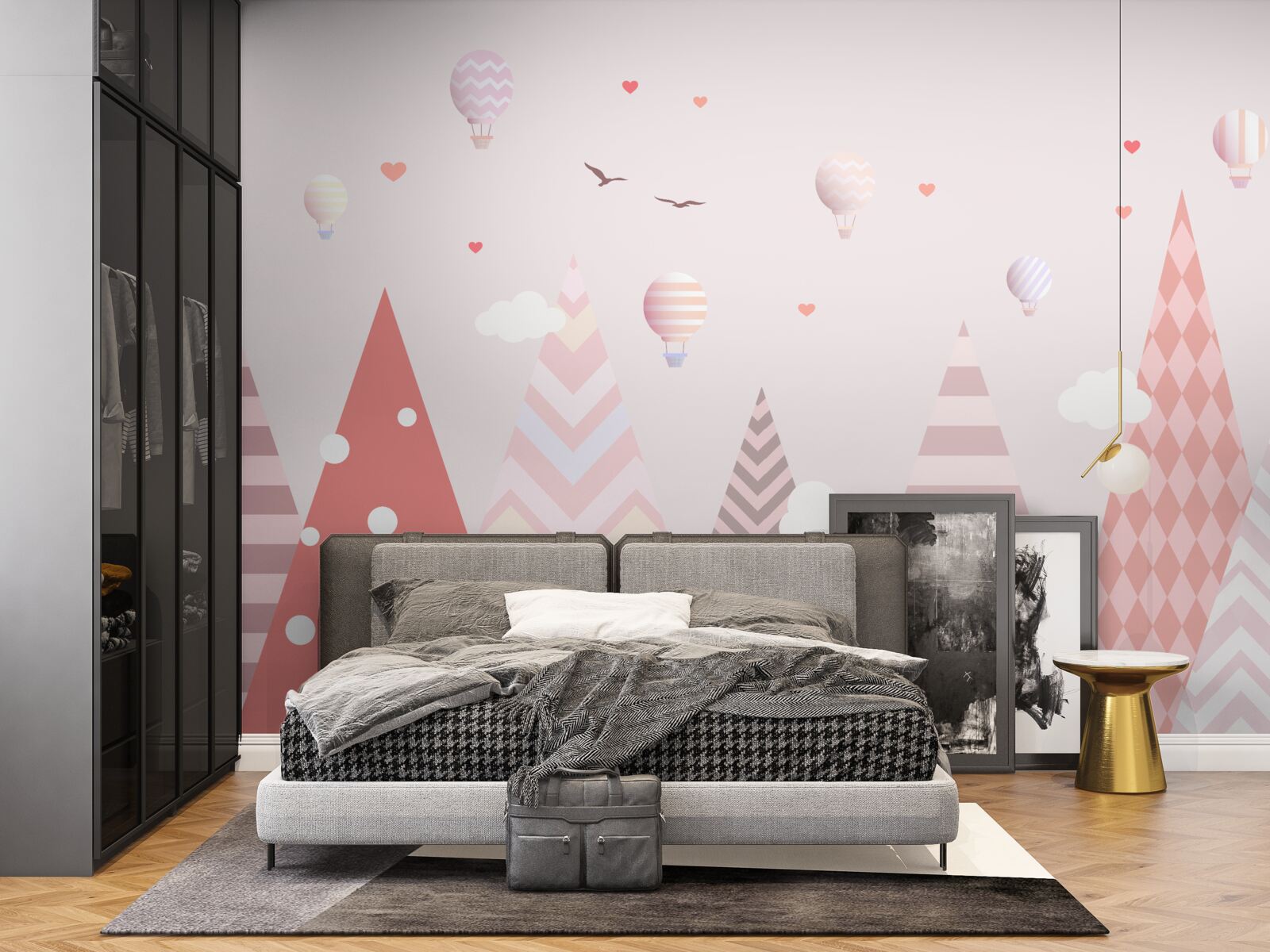 Papier peint montagnes roses décorées de ballons