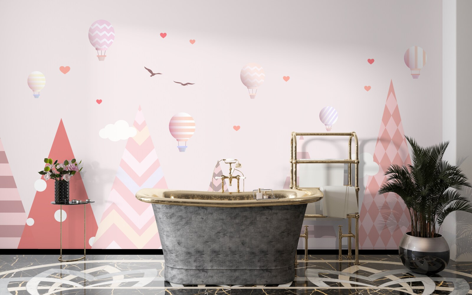 Papier peint montagnes roses décorées de ballons