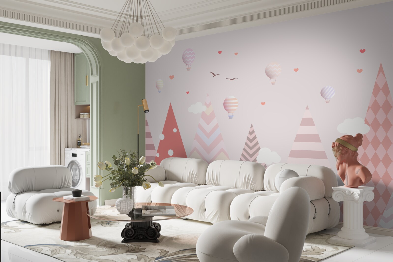 Papier peint montagnes roses décorées de ballons