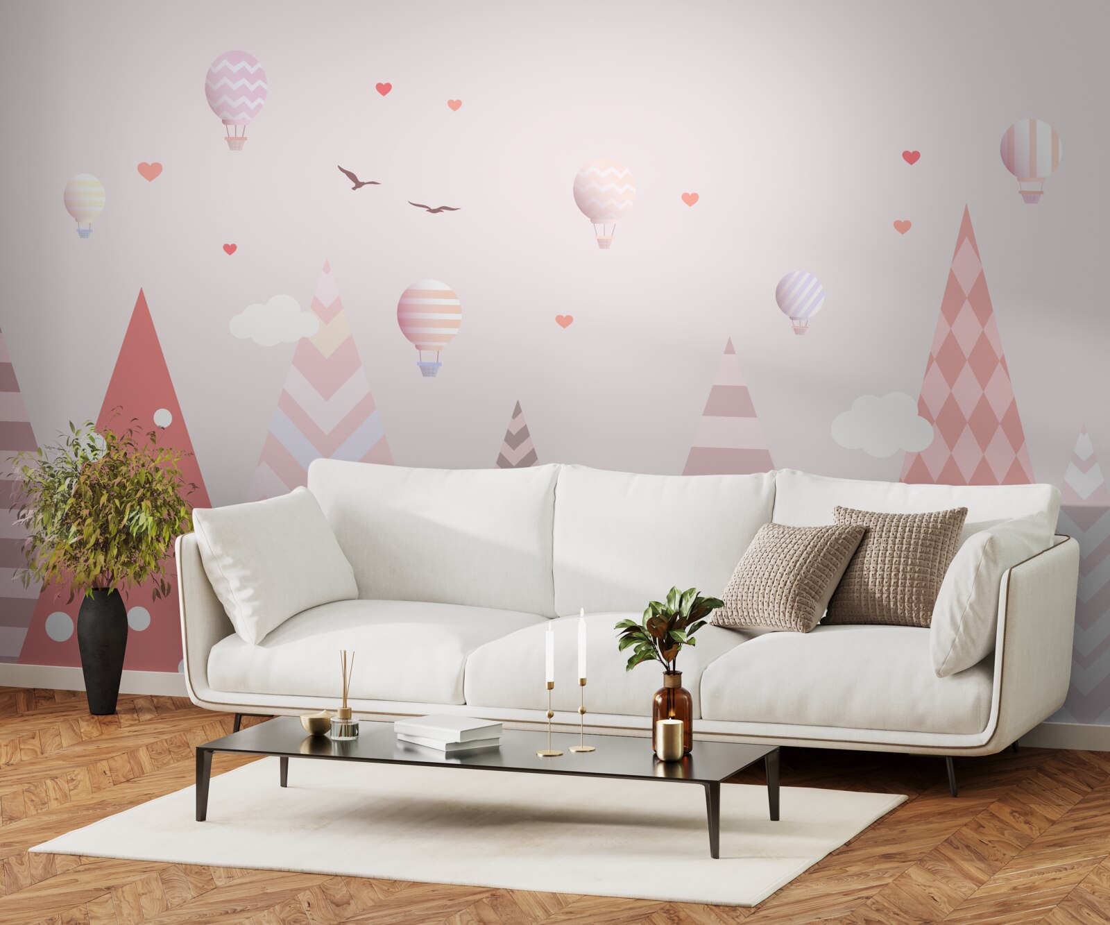 Papier peint montagnes roses décorées de ballons