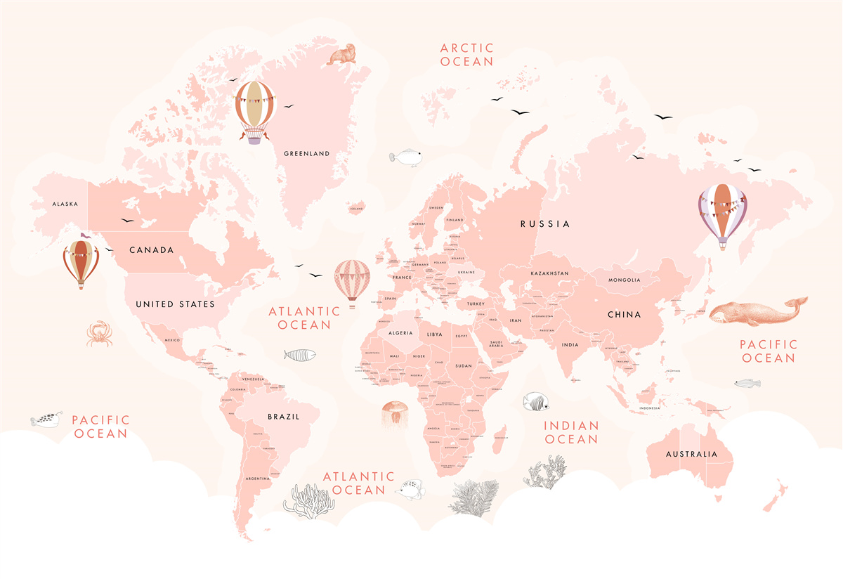 Papier peint atlas des planètes présenté dans une palette de couleurs roses