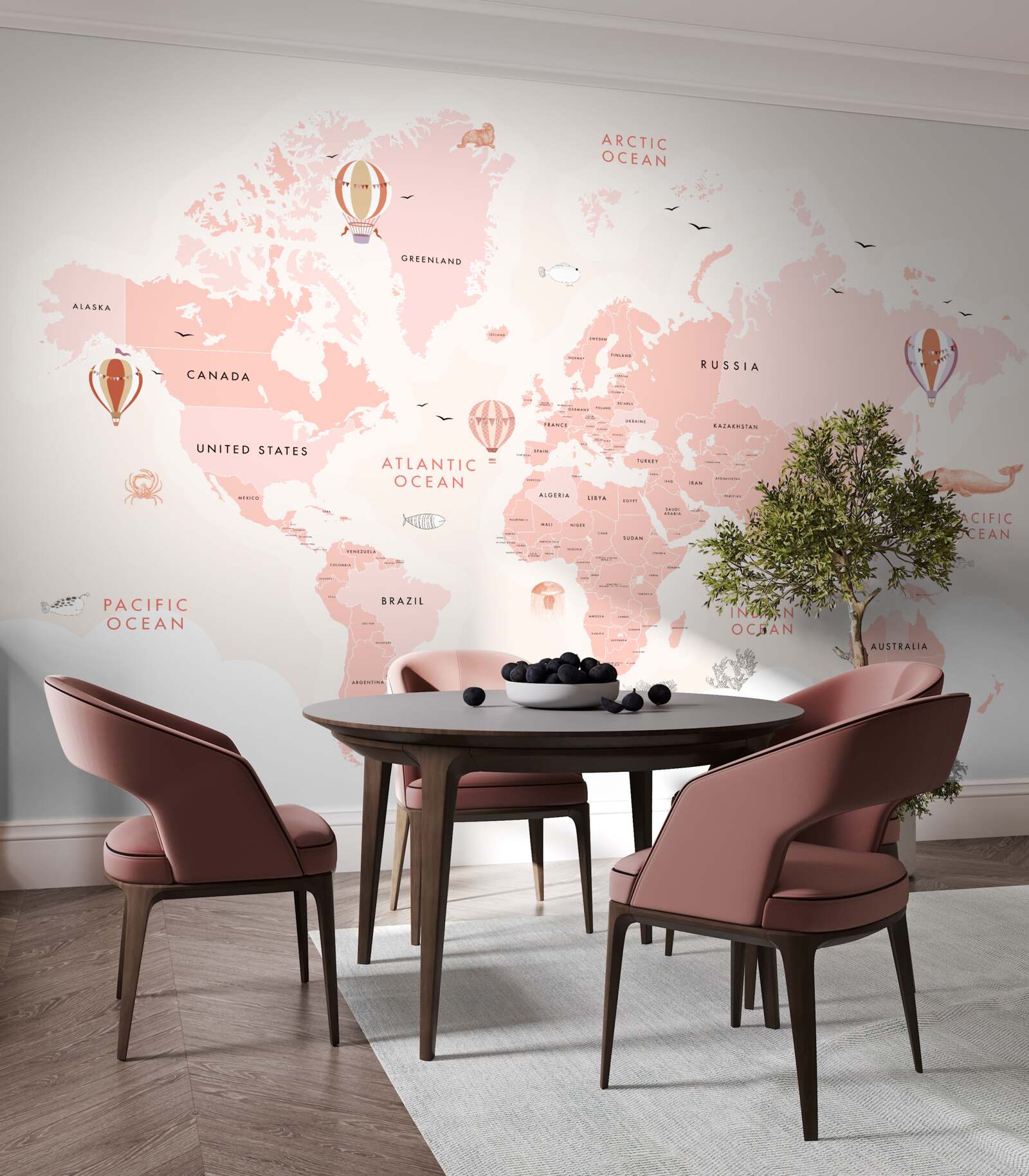 Papier peint atlas des planètes présenté dans une palette de couleurs roses