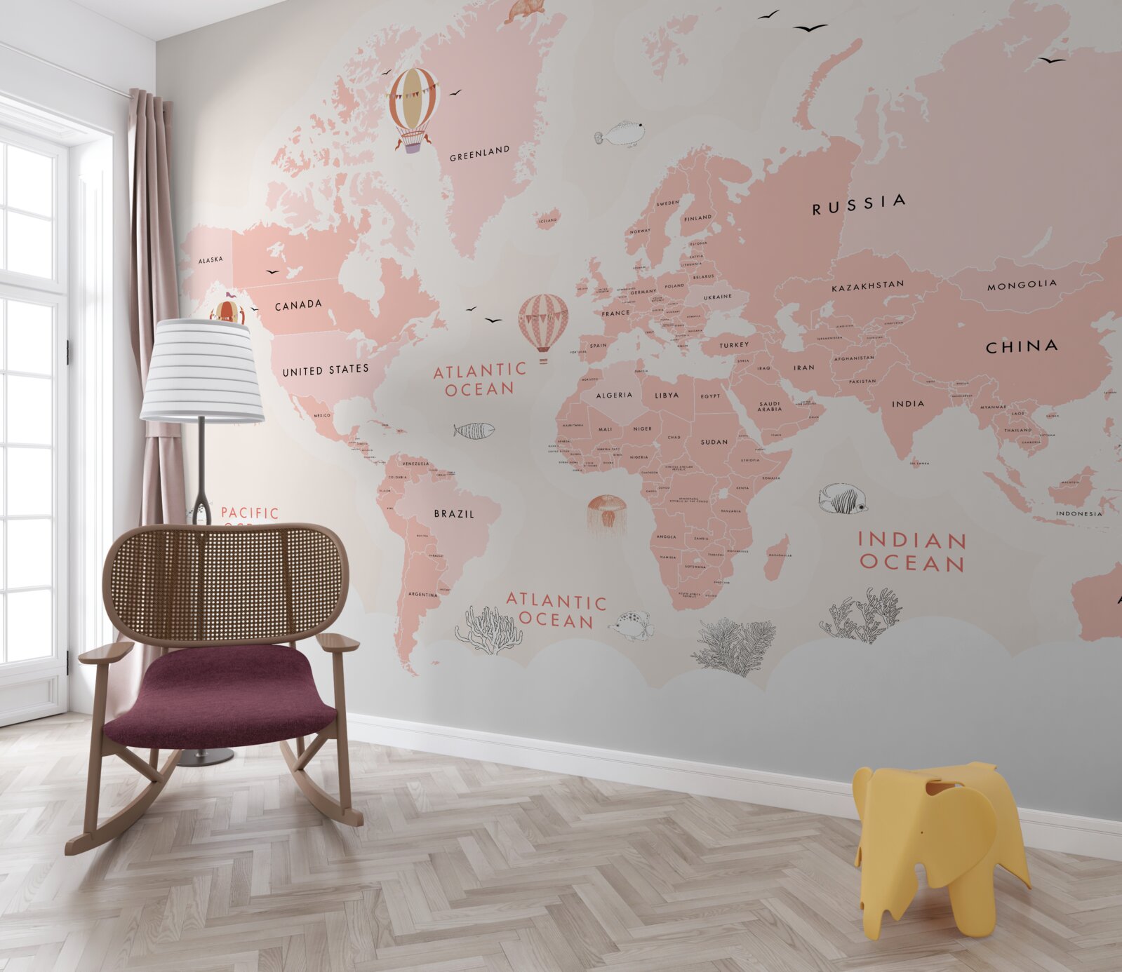 Papier peint atlas des planètes présenté dans une palette de couleurs roses