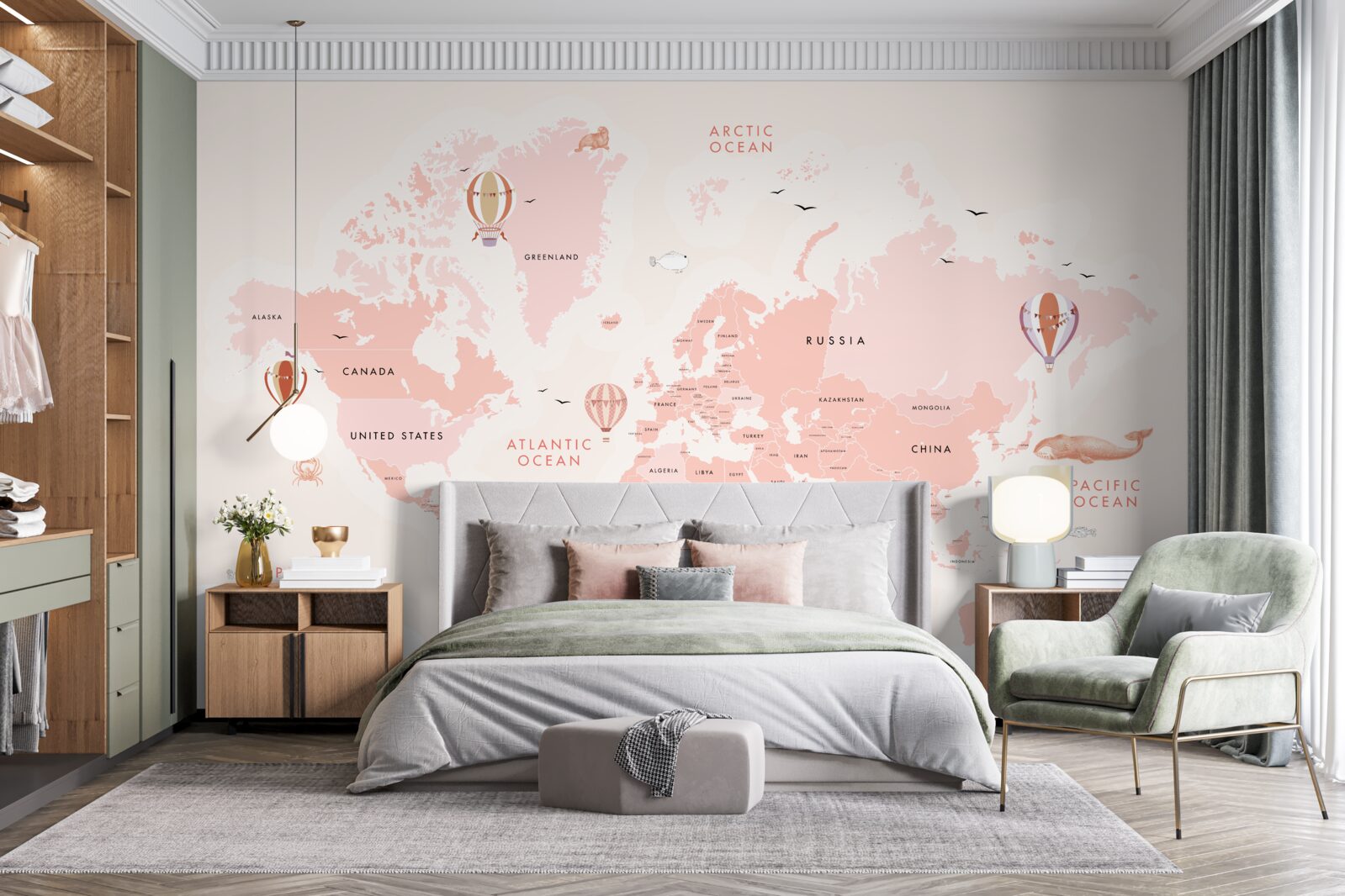 Papier peint atlas des planètes présenté dans une palette de couleurs roses