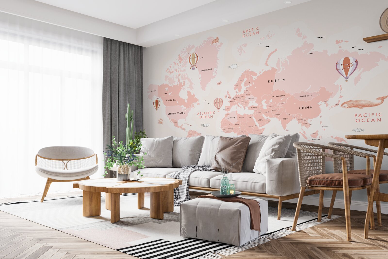 Papier peint atlas des planètes présenté dans une palette de couleurs roses