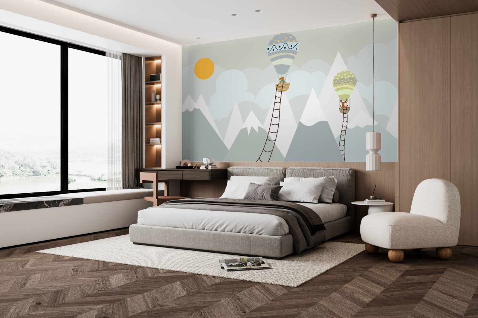 Papier peint des êtres biologiques emballés dans des ballons entourés de montagnes