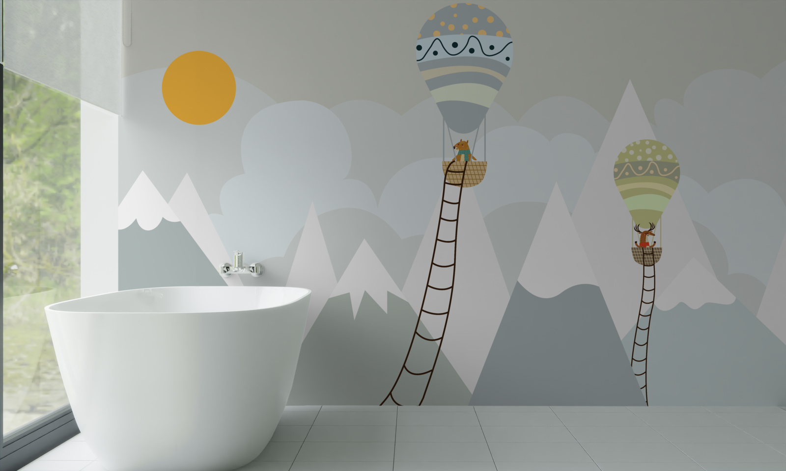 Papier peint des êtres biologiques emballés dans des ballons entourés de montagnes