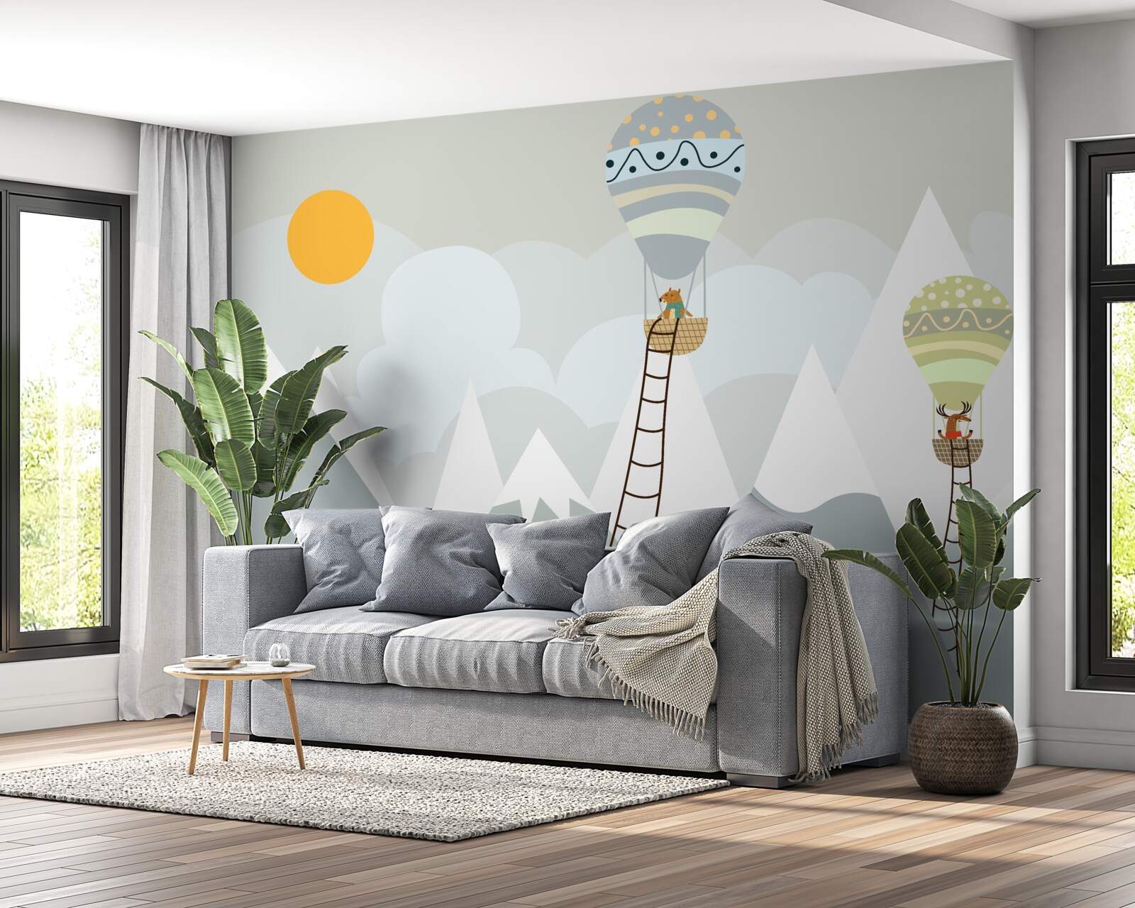 Papier peint des êtres biologiques emballés dans des ballons entourés de montagnes