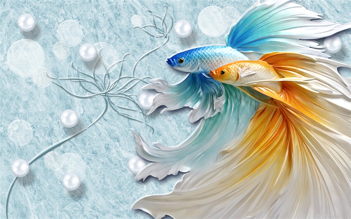 Papier peint des poissons à la queue luxueuse, enveloppés d'or et de bleu