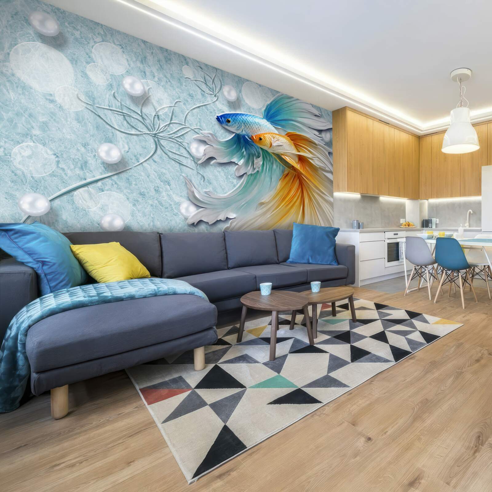 Papier peint des poissons à la queue luxueuse, enveloppés d'or et de bleu