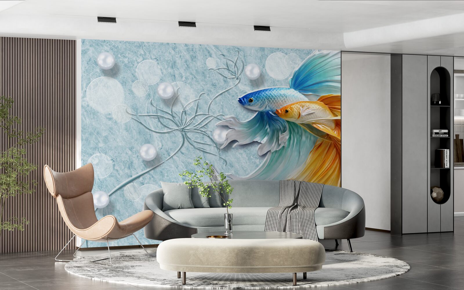 Papier peint des poissons à la queue luxueuse, enveloppés d'or et de bleu