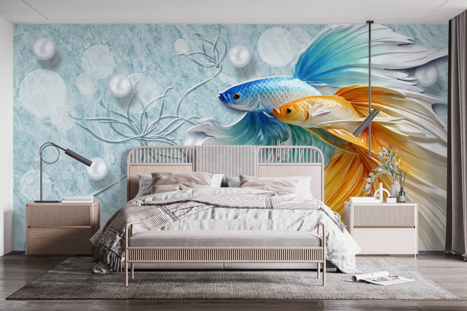 Papier peint des poissons à la queue luxueuse, enveloppés d'or et de bleu