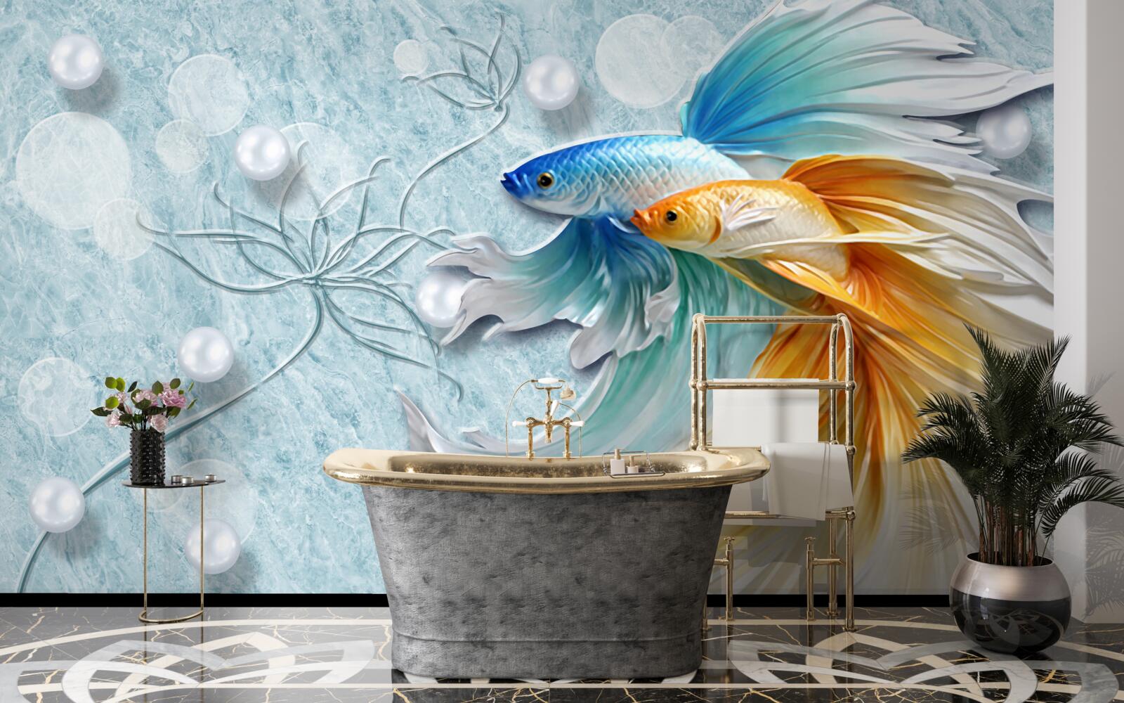 Papier peint des poissons à la queue luxueuse, enveloppés d'or et de bleu