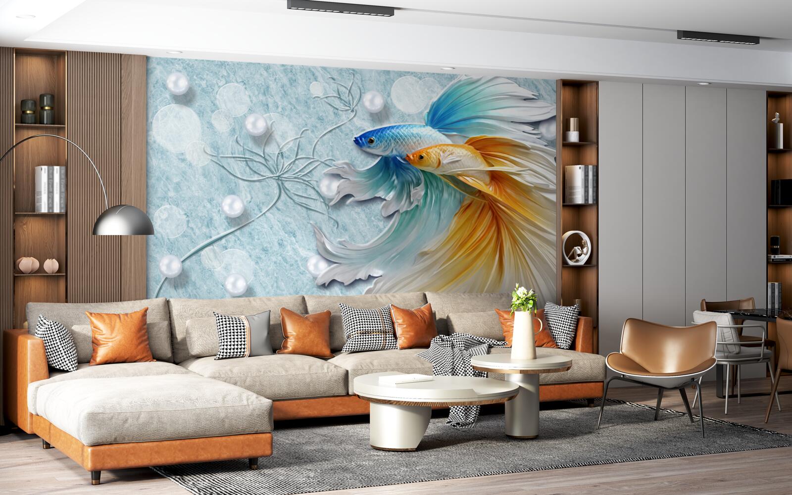 Papier peint des poissons à la queue luxueuse, enveloppés d'or et de bleu