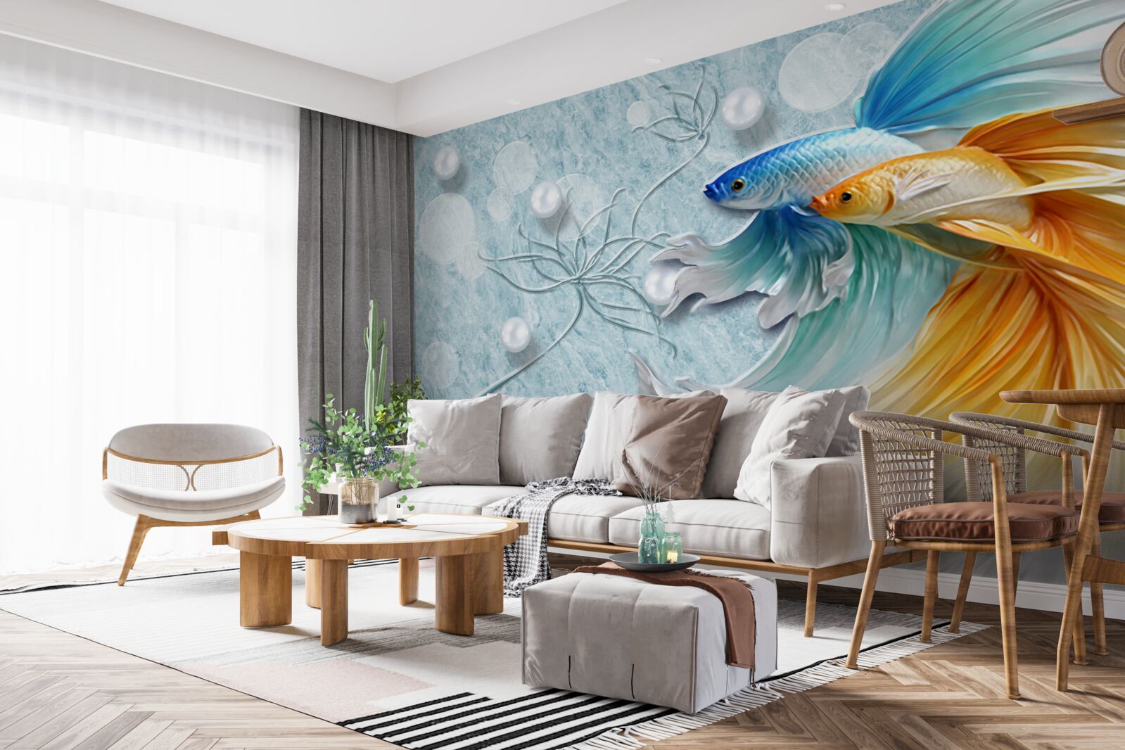 Papier peint des poissons à la queue luxueuse, enveloppés d'or et de bleu