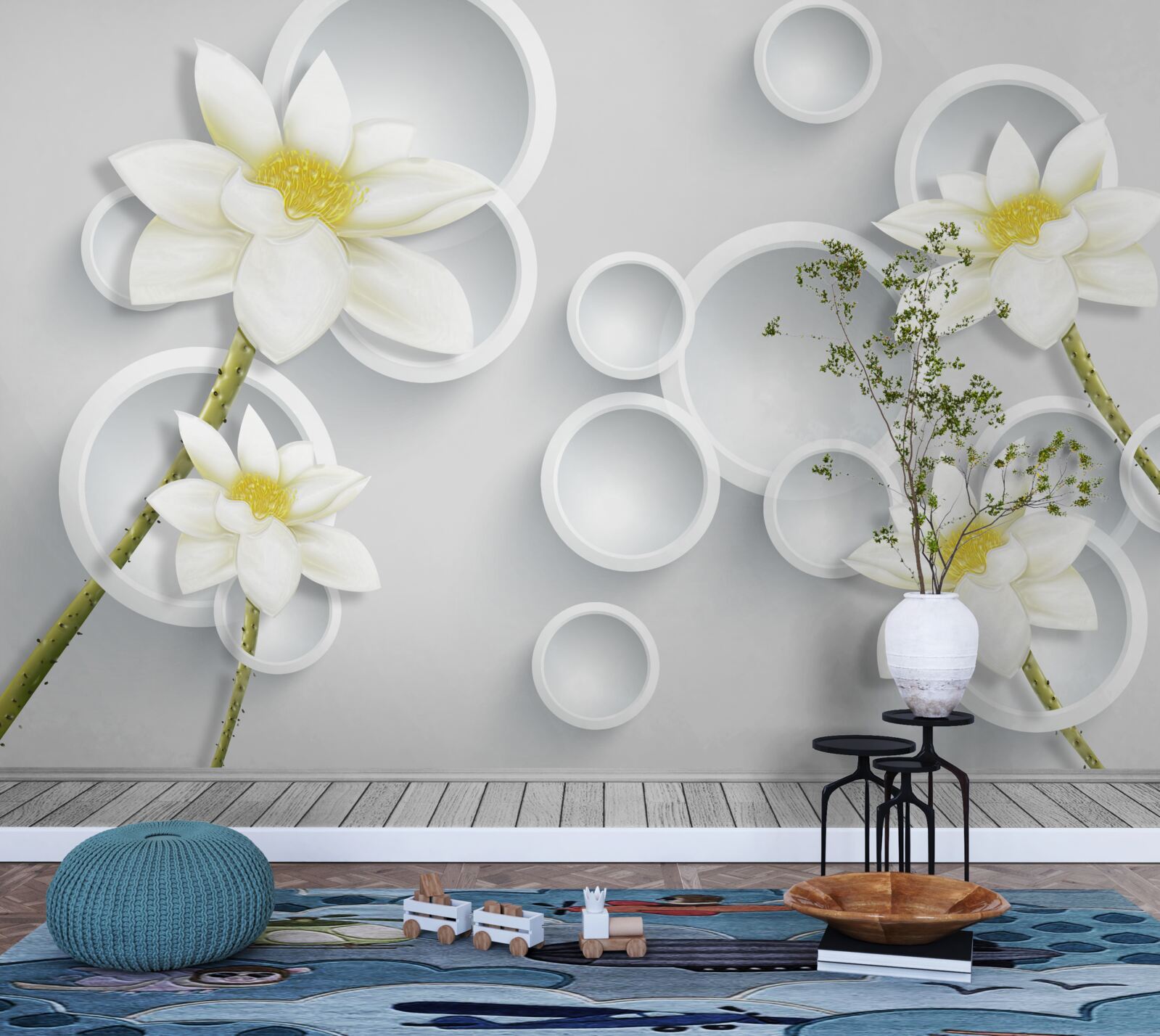 Papier peint les fleurs sont blanches avec un centre jaune