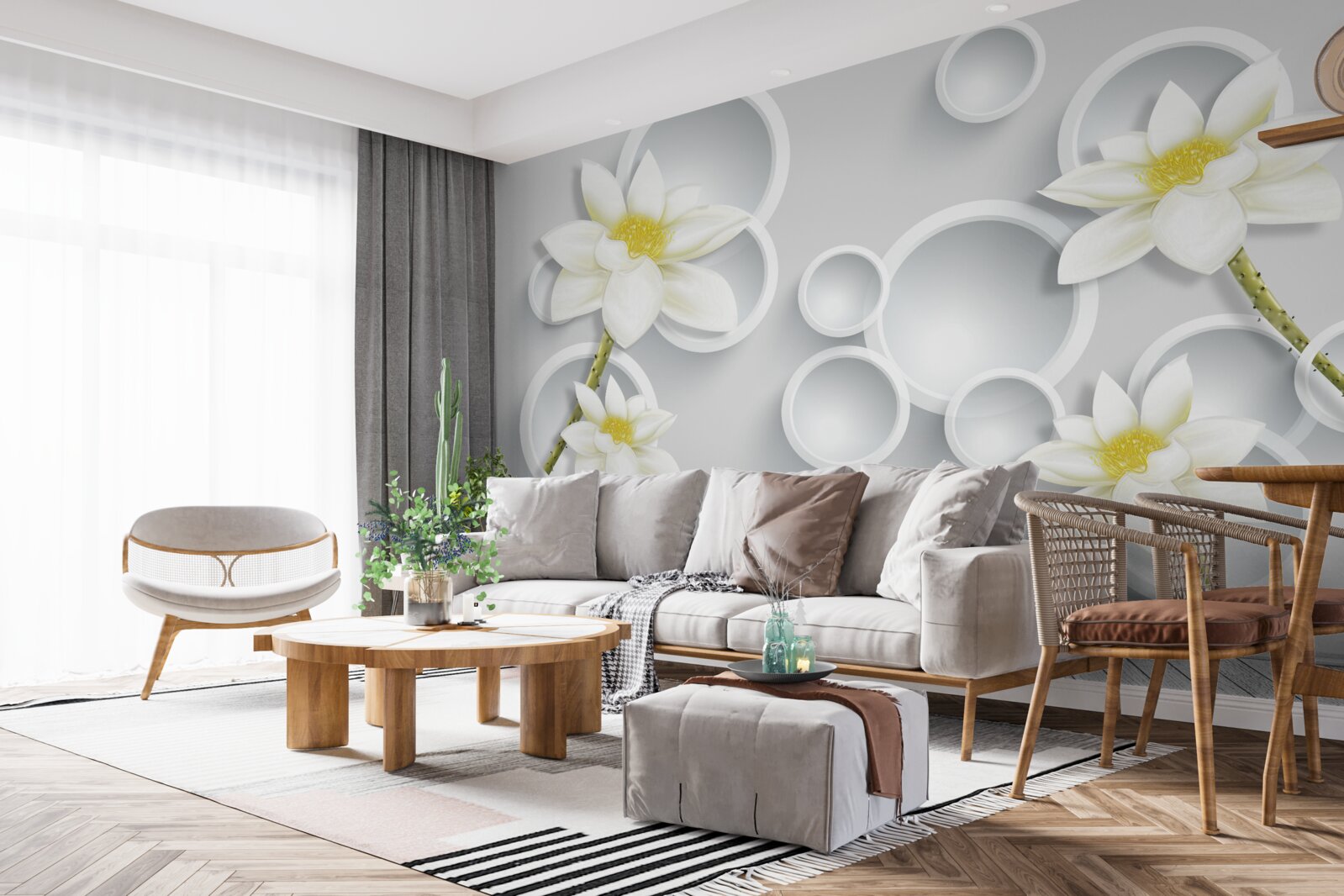 Papier peint les fleurs sont blanches avec un centre jaune