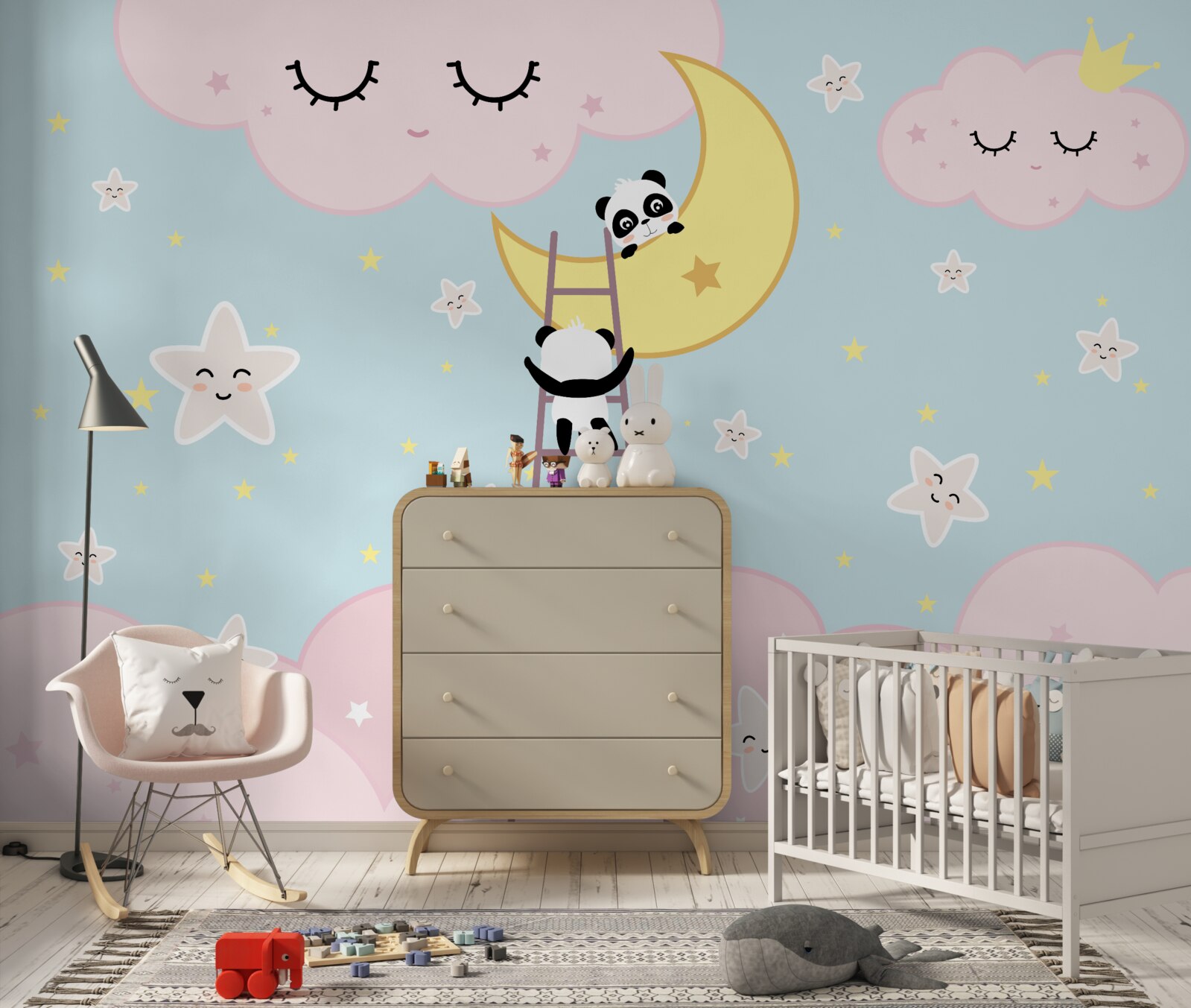 Papier peint Les pandas grimpent à l'échelle jusqu'à la lune