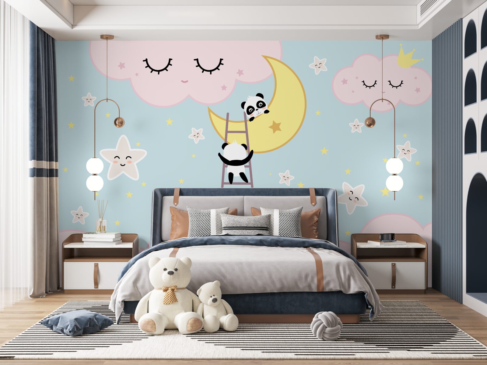 Papier peint Les pandas grimpent à l'échelle jusqu'à la lune