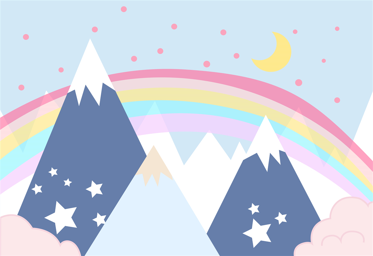 Papier peint montagnes dans une teinte bleue avec un arc-en-ciel en arrière-plan