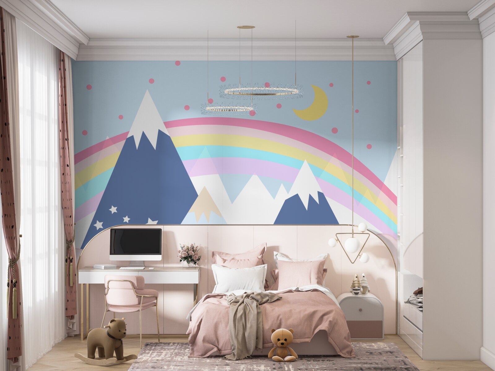 Papier peint montagnes dans une teinte bleue avec un arc-en-ciel en arrière-plan