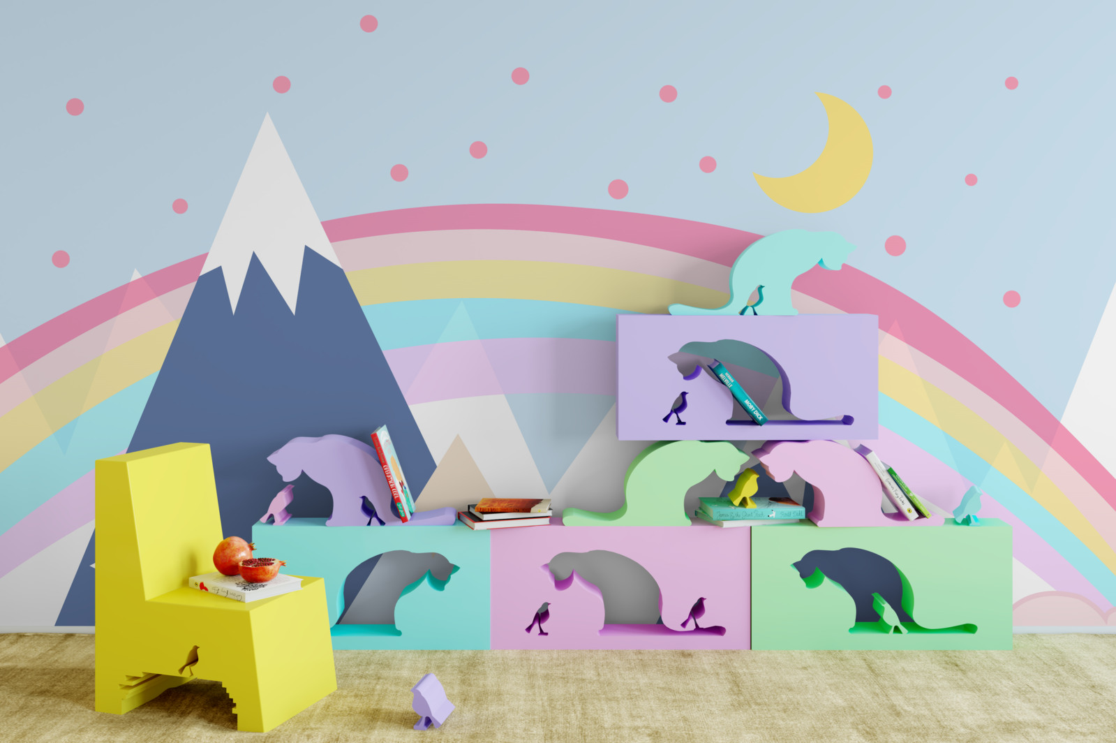 Papier peint montagnes dans une teinte bleue avec un arc-en-ciel en arrière-plan