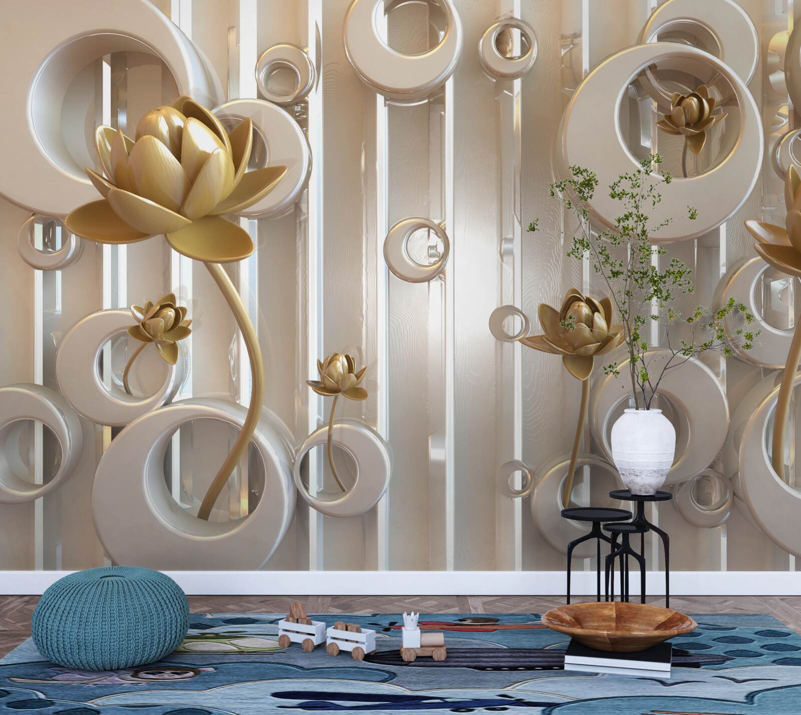 Papier peint fleurs d'or et boules de lune