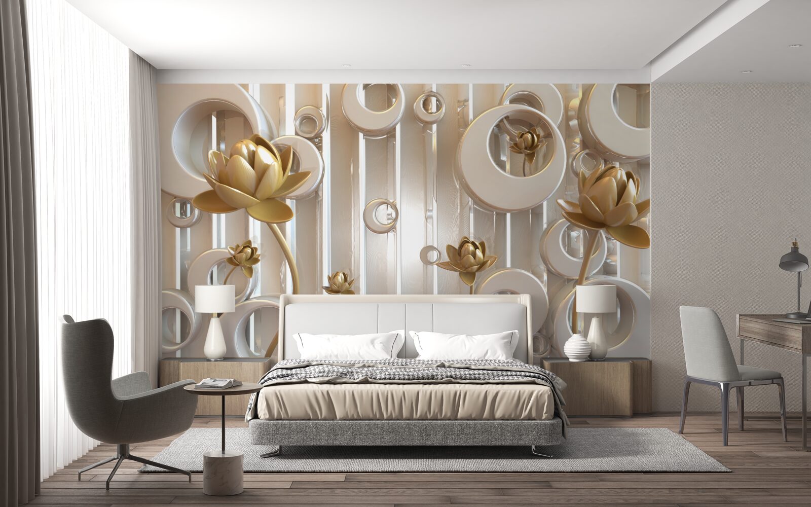 Papier peint fleurs d'or et boules de lune