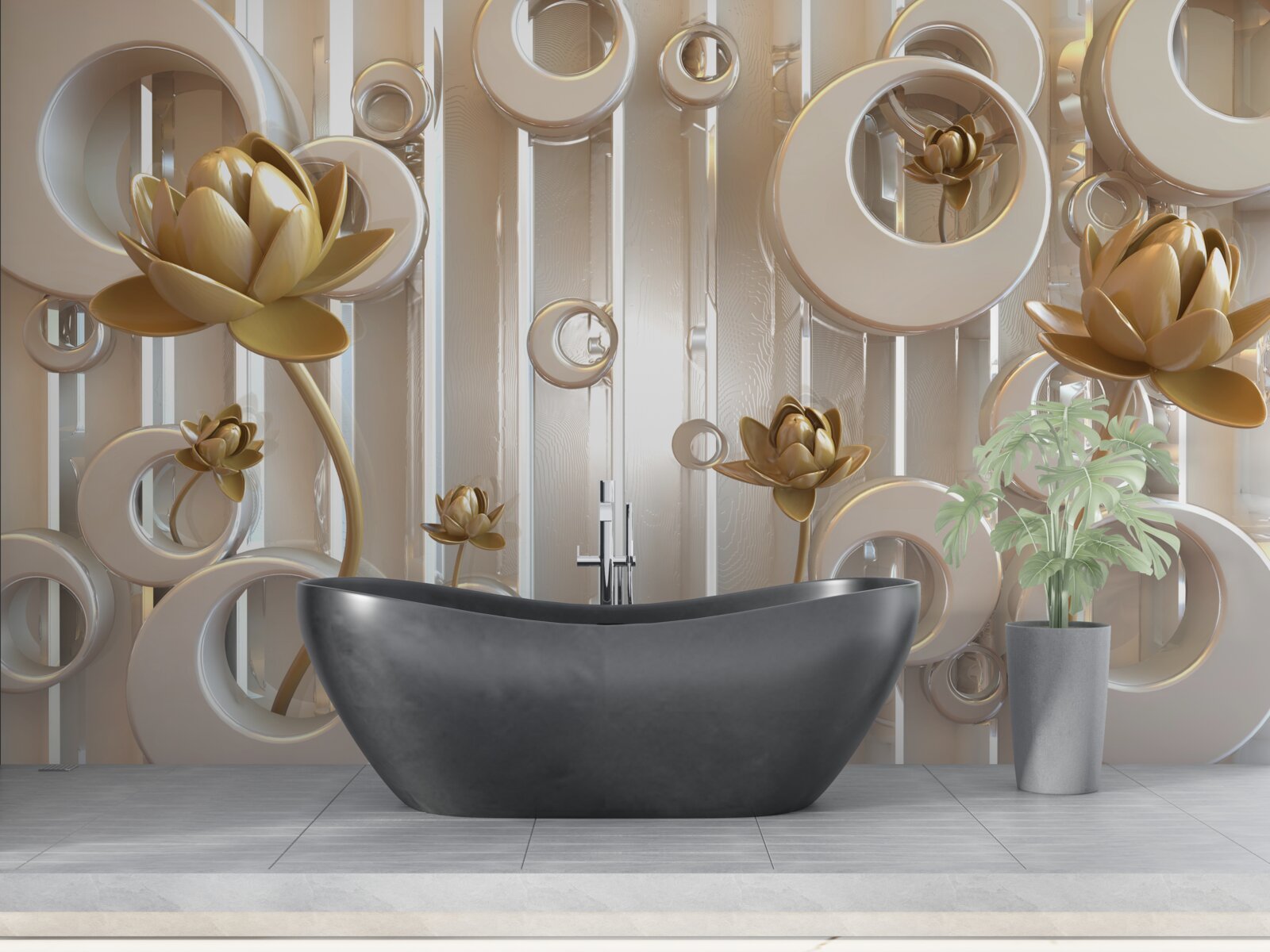 Papier peint fleurs d'or et boules de lune