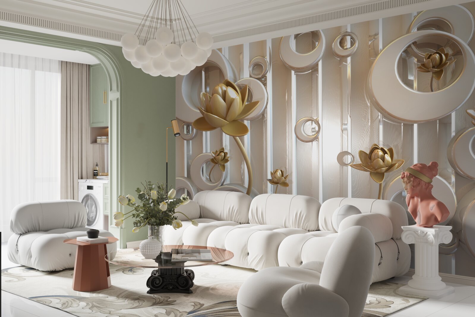 Papier peint fleurs d'or et boules de lune