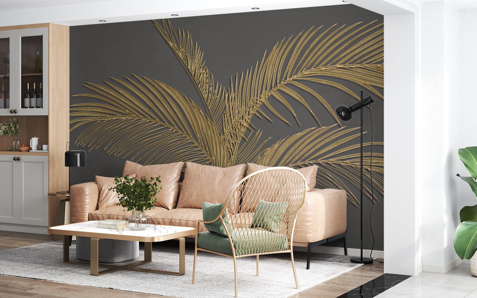 Papier peint feuilles de plumes brunes sur fond gris