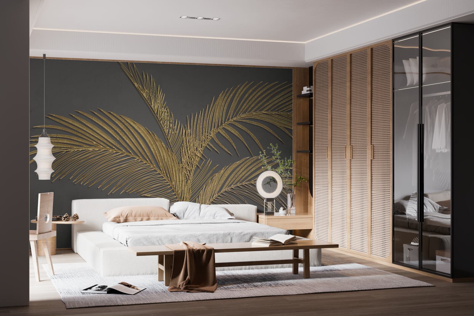 Papier peint feuilles de plumes brunes sur fond gris