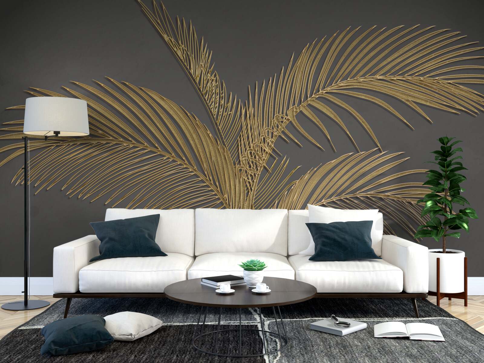 Papier peint feuilles de plumes brunes sur fond gris