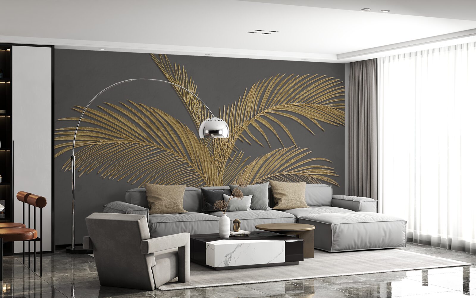 Papier peint feuilles de plumes brunes sur fond gris