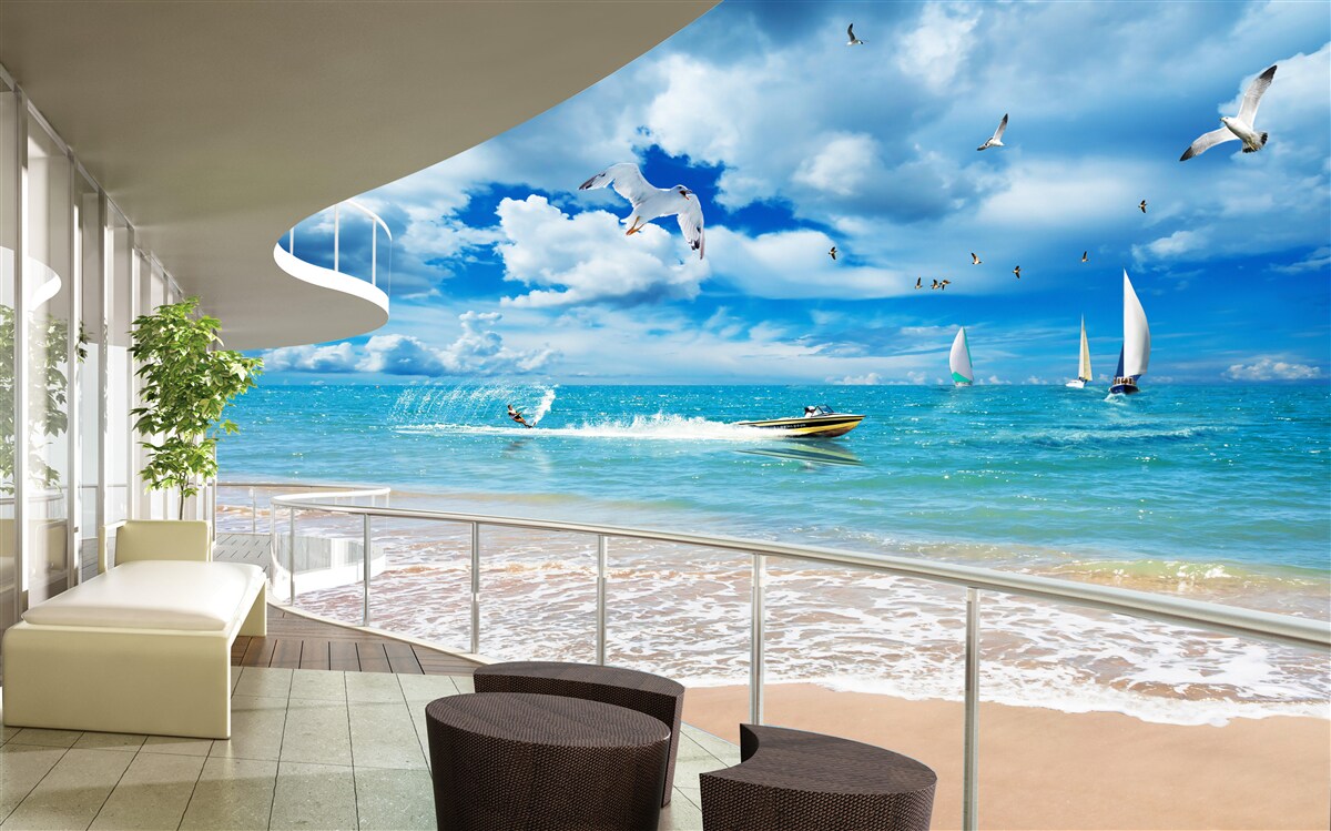 Papier peint vue sur la mer et gazebo moderne