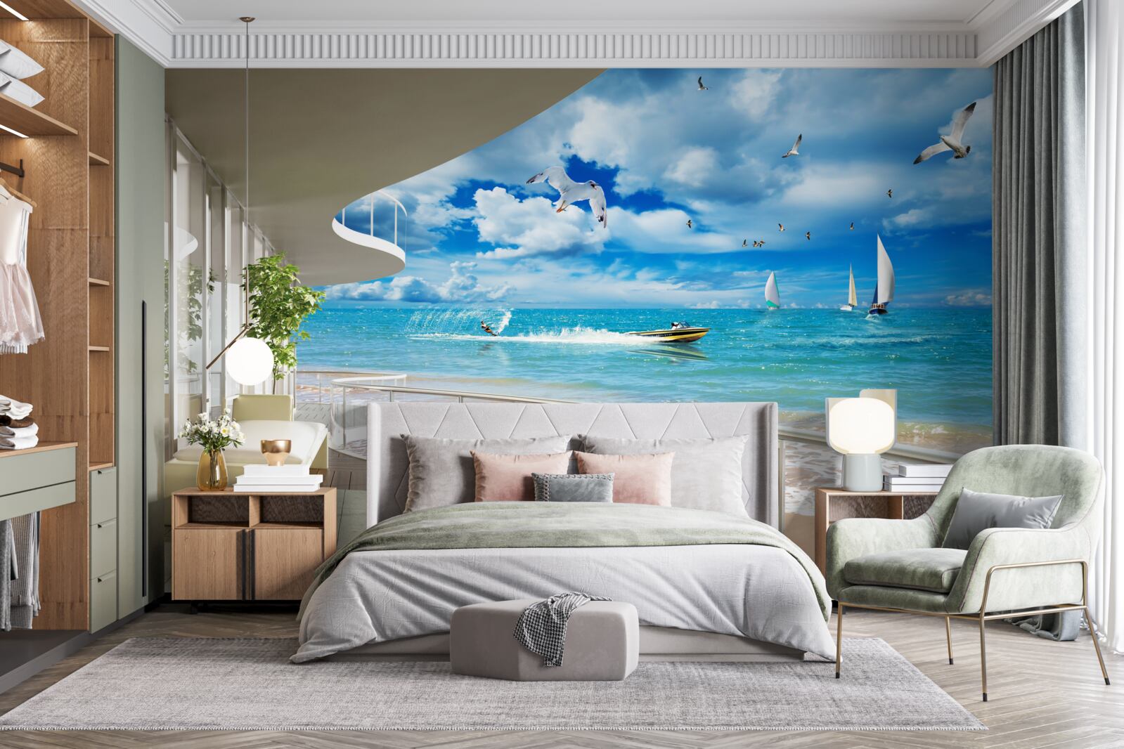 Papier peint vue sur la mer et gazebo moderne