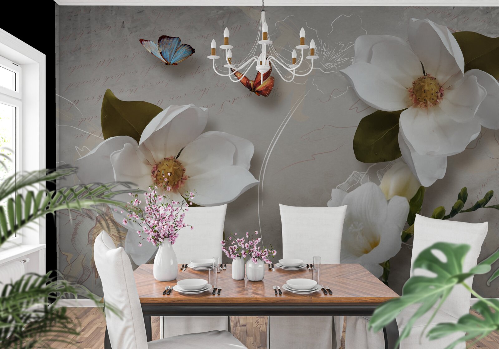 Papier peint deux papillons survolent des fleurs blanches comme la neige