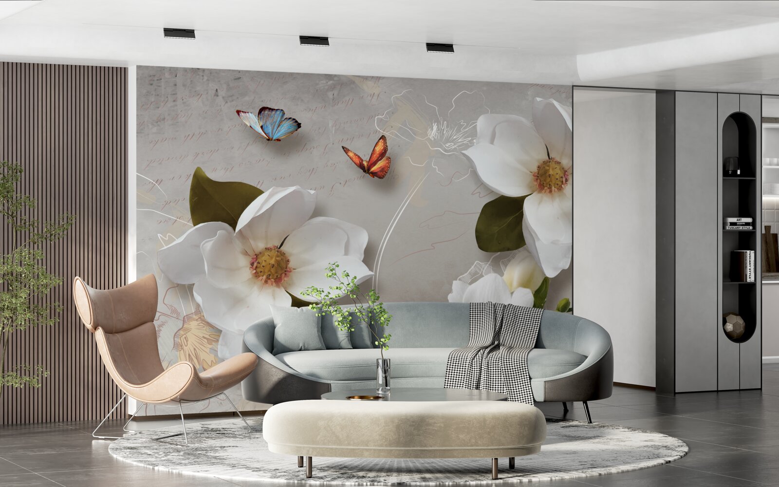 Papier peint deux papillons survolent des fleurs blanches comme la neige