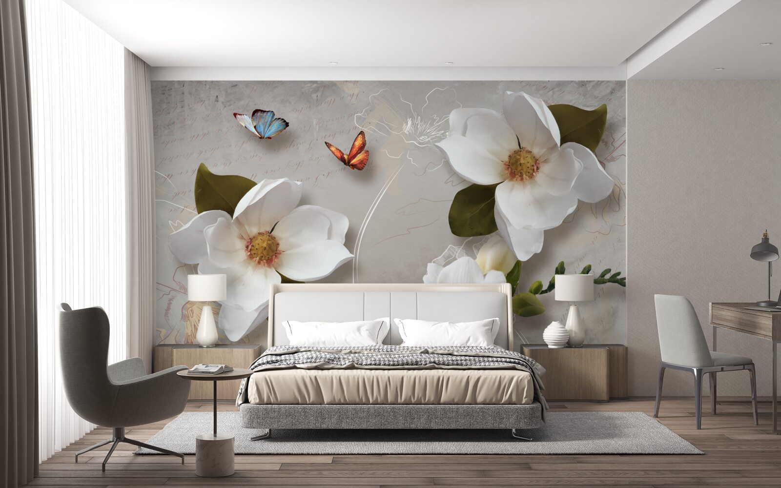 Papier peint deux papillons survolent des fleurs blanches comme la neige